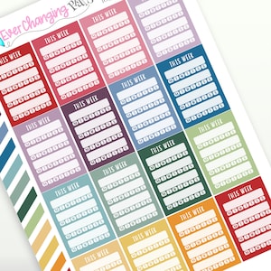 Puede incluir: Un conjunto de 16 pegatinas de planificador coloridas con el texto "Esta semana" y líneas en blanco para escribir. Las pegatinas son de varios colores, incluidos rojo, azul, verde, morado y amarillo.