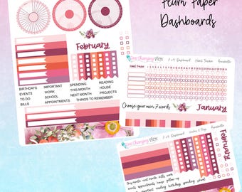 May include: Plum Paper Dashboards stickers in shades of pink, peach, and burgundy. The stickers include dashboards, habit trackers, and labels for January and February. The text includes "7x9 Dashboard", "Habit Tracker", and "Choose your own 7 words".