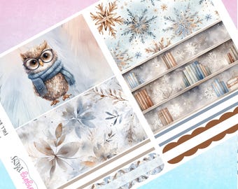 May include: A set of winter-themed planner stickers featuring a watercolor owl, a bookshelf with books, and a leafy pattern. The stickers are on a light blue background with a brown scalloped border.