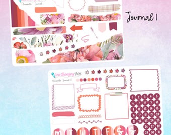 May include: Two sheets of planner stickers with a floral theme. The first sheet features a floral design with pink, red, and white flowers. The second sheet features a calendar, a weekly planner, and a variety of other stickers in pink, red, and white.