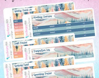 May include: A printable budget kit with a watercolor mountain landscape design. The kit includes pages for weekly check-in, monthly overview, debt tracker, sinking fund, transaction log, and spending tracker.
