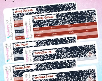 May include: A set of printable budget planner stickers with a blue and white speckled background. The stickers include sections for weekly check-in, monthly overview, debt tracker, transaction log, sinking funds, and spending tracker.