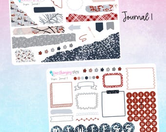 May include: A set of planner stickers with a winter theme. The stickers feature a snowy background, red and white plaid, and a variety of shapes and sizes. The text "Ever Changing Plans" and "Krispin Journal 1" and "Krispin Journal 2" are included on the stickers.