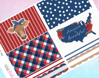 May include: A set of printable planner stickers featuring a red, white, and blue color scheme. The stickers include a cow wearing a red, white, and blue bandana, a gingham pattern, a polka dot pattern, and a map of the United States with the text "America the Beautiful".