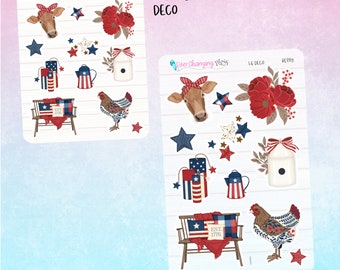May include: A set of 10 red, white, and blue themed stickers featuring a cow, a rooster, a milk jug, a bench, fireworks, and stars. The stickers are labeled "Bessy" and "Ever Changing Plans".