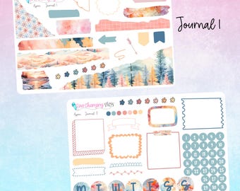 May include: A set of printable planner stickers with a watercolor mountain and forest theme. The stickers include a calendar, days of the week, and various decorative elements. The text "Ever Changing Plans" and "Aspen Journal 1" and "Aspen Journal 2" are included on the stickers.