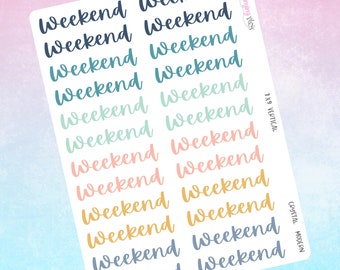 May include: A sheet of stickers with the word "Weekend" repeated 16 times in various pastel colors, including blue, green, pink, and yellow. The stickers are arranged in two columns, with the text "7x9 Vertical" and "Crystal Modern" printed on the right side of the sheet.
