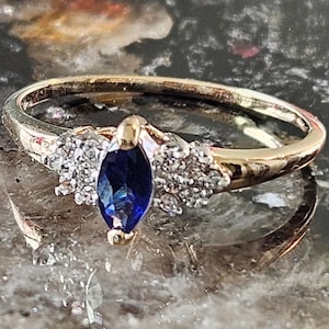 Vintage 10k Gold Sapphire Ring with CZ - Size 7