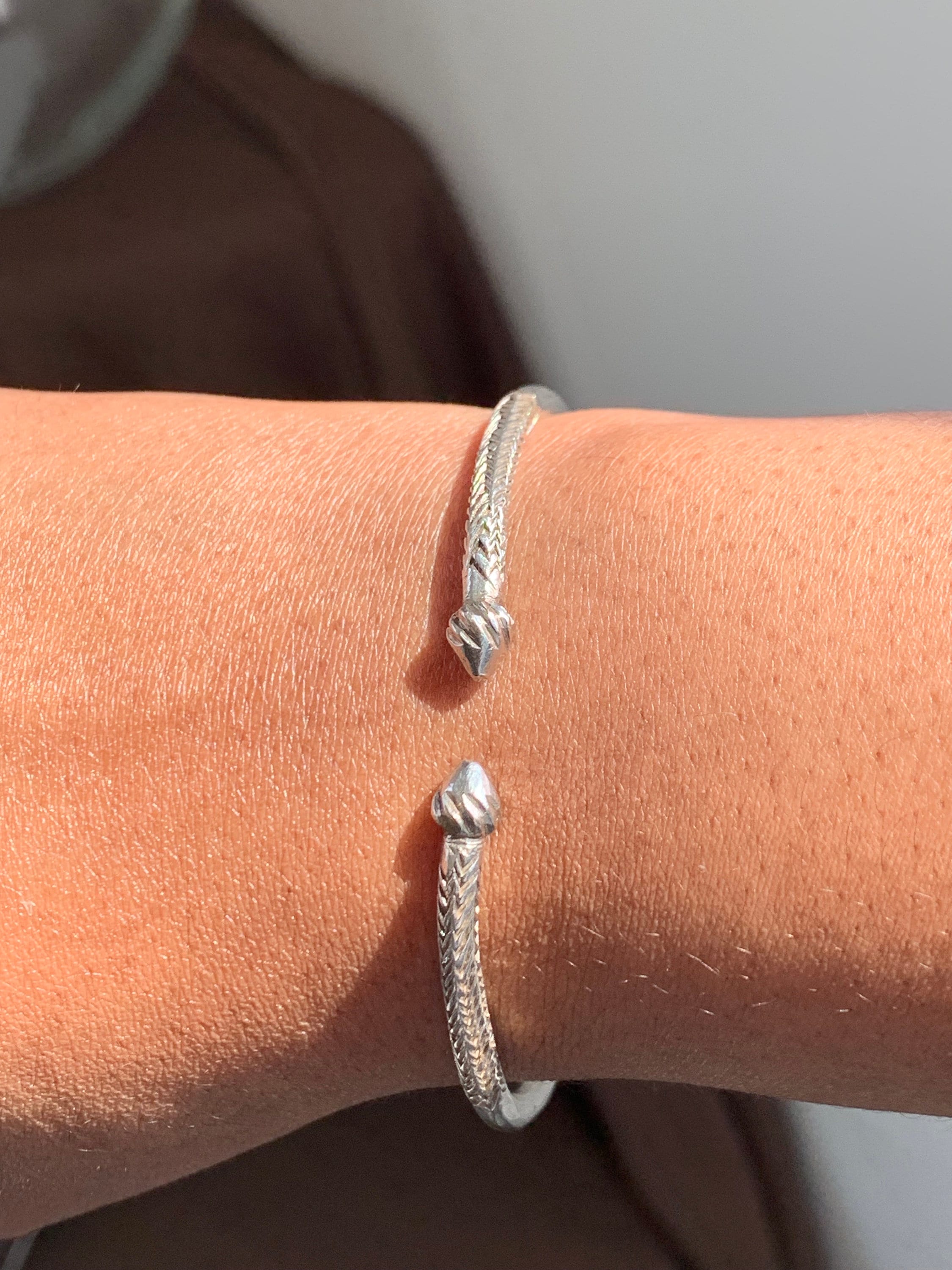 REDUCED Rare Sterling Silver Tribal Vintage West Indies Cocoa Pod Bangle 925 Bracelet 8 1/4 Inches 17.46  Grams West Indian