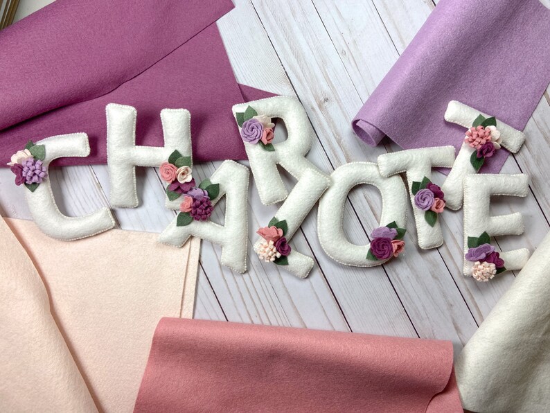 Floral Felt name banner, girls bedroom banner, nursery decor, felt letters, floral nursery decor, flower baby shower banner image 1