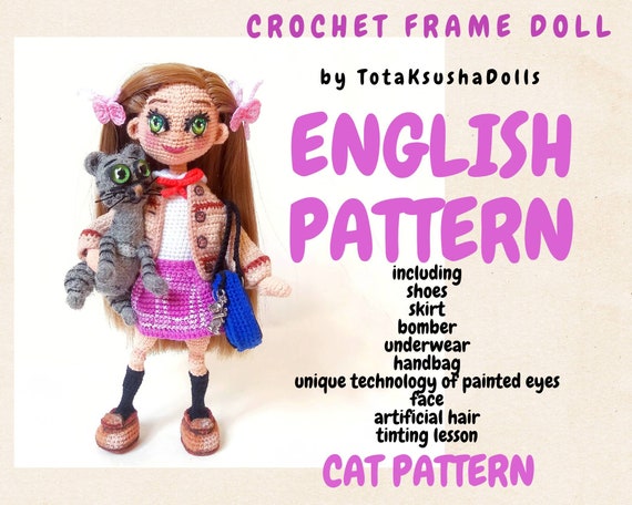 Crochet Doll pattern American girl doll. Dress up doll with BONUS cat pattern, PDF pattern.