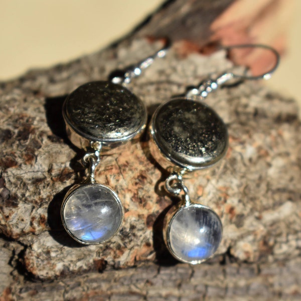 pyrite earring,pyrite moonstone earring,moonstone earring,pyrite earring,blue moonstone earring,gemstone earring,925 silver earring,