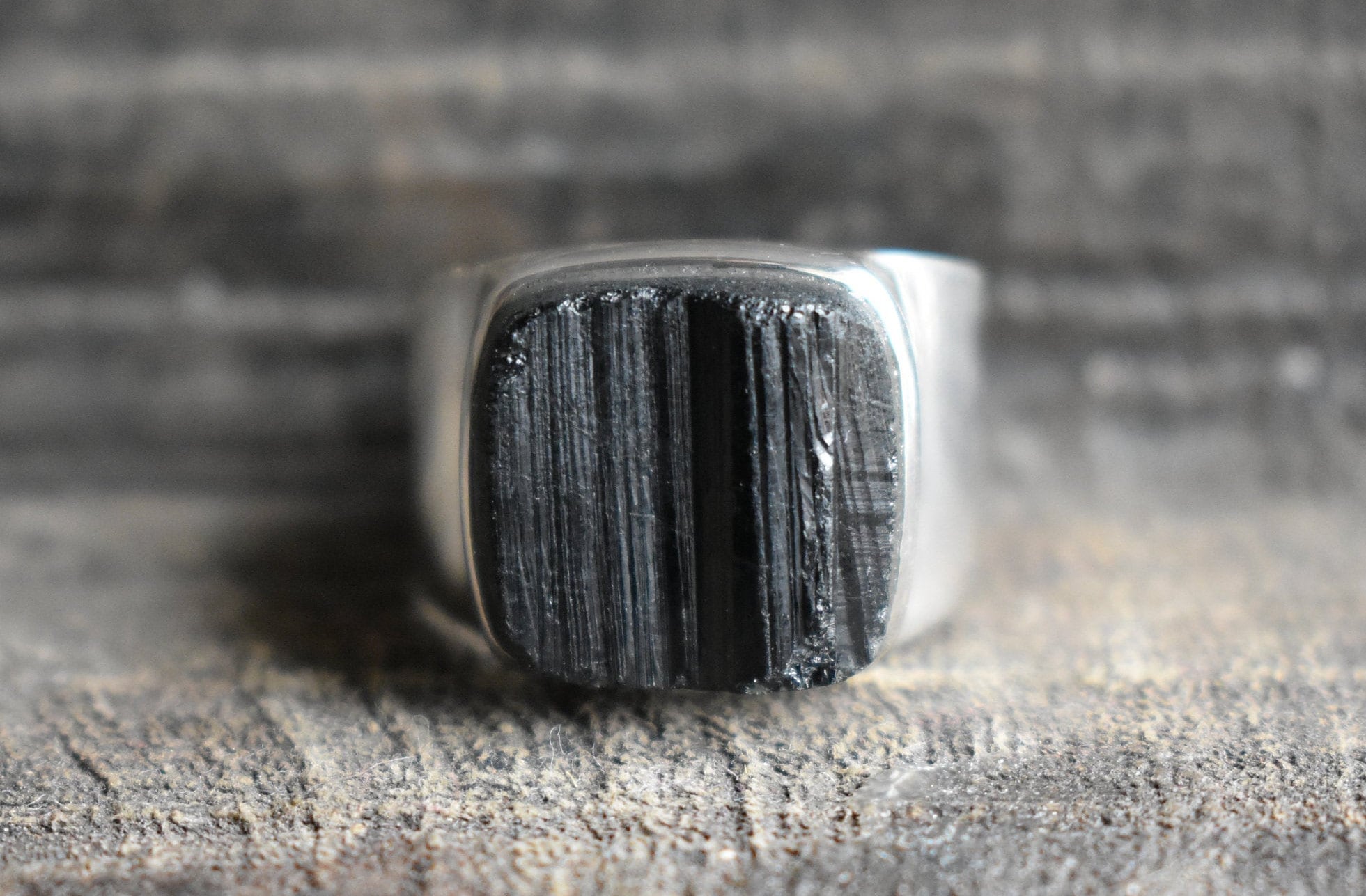 Natural Black Tourmaline Adjustable Unisex Ring In Sterling Silver ( Men  and Women )