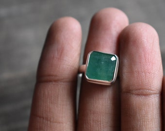Natural Emerald Ring, 925 Sterling Silver, Faceted Green Gemstone