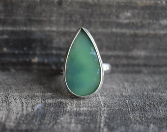 Green Chrysoprase 925 Silver Ring, Teardrop Gemstone