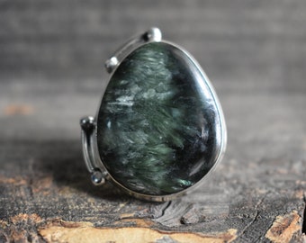 big natural green seraphinite ring,925 silver ring,natural seraphinite ring,seraphinite ring,green seraphinite ring,drop shape ring