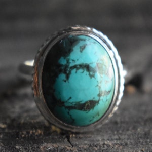 Tibetaanse turquoise ring van AAA-kwaliteit, 925 zilveren ring, natuurlijke Tibetaanse turquoise ring, turquoise ring, ovale ring, edelsteenring