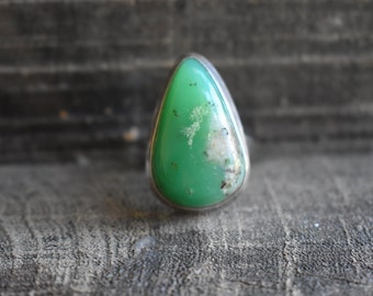 Green Chrysoprase Ring, 925 Silver, Drop Shape