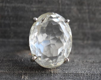 Faceted Crystal Quartz Ring, Oval 925 Silver Ring