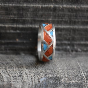natural turquoise band,natural red coral ring,turquoise band,925 silver band,mens turquoise band,arizona turquoise,coral ring,unisex band
