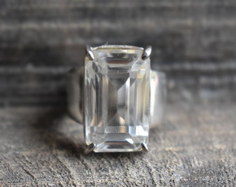 natural crystal quartz mens ring,925 silver ring,unisex crystal quartz ring,heavy and big ring,faceted crystal quartz ring,clear quartz ring