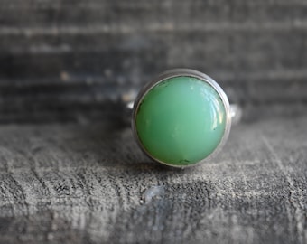 Round Green Chrysoprase Ring, 925 Sterling Silver (14mm)
