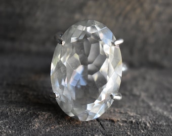 Oval Faceted Crystal Quartz Ring, 925 Sterling Silver