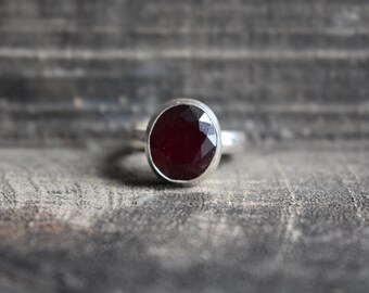 Natural Dark Pink Ruby Ring, Faceted 925 Silver Ring