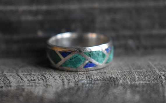Malachite Lapis 925 Silver Band Ring, Unisex Design