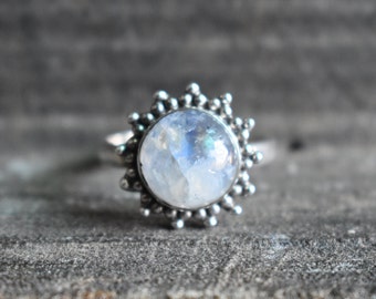 Anel de Pedra da Lua Azul Brilhante, Anel de Prata de Lei 925, (9 mm)