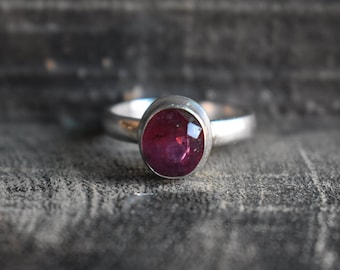 Faceted Pink Ruby Ring, 925 Silver, July Gemstone