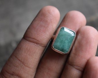 Natural Faceted Emerald Ring, 925 Sterling Silver (14x9mm)