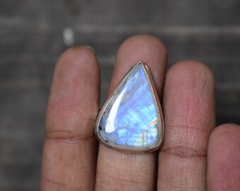 Anel de Pedra da Lua Azul Brilhante, Qualidade AAA, Prata de Lei 925