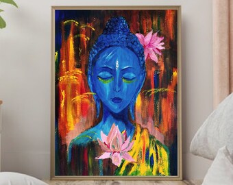 Original Buddha Lotus Painting, Acrylic Zen Art (30x40cm)