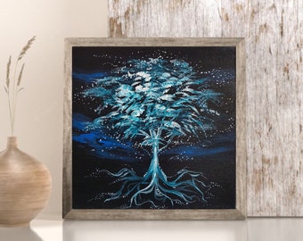 Original Tree of Life Painting, Mystical Blue Wall Art, 20x20 cm