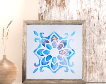 Originele aquarel mandala, heilige geometrie kunst, 7,5 x 7,5" (19 x 19 cm)
