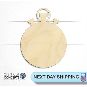 May include: Unfinished wooden cutout of a stopwatch with a round face and a ring at the top. The cutout is ready for painting or staining.