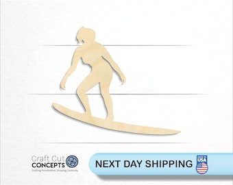 Female Surfer Surf Board - Laser Cut Unfinished Wood Cutout Craft Shapes