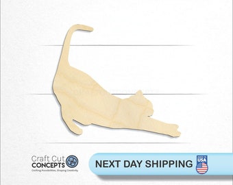 Cat Stretching - Laser Cut Unfinished Wood Cutout Craft Shapes