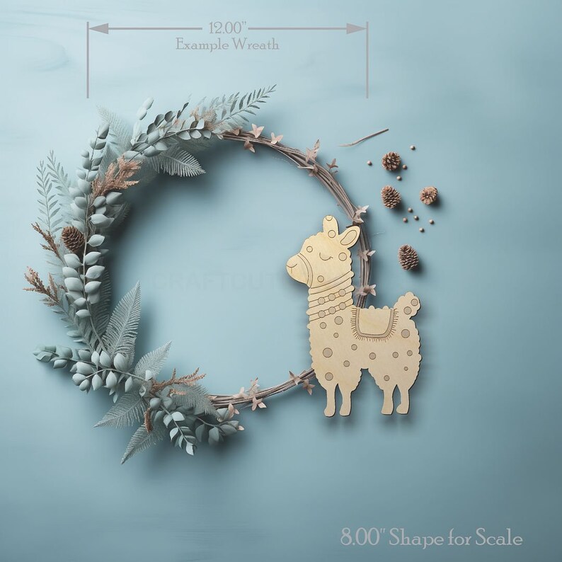Alpaca Lama Shape Paint by Line wood craft shape on a wreath showing scale.