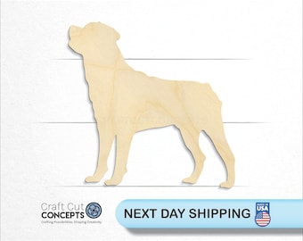 May include: A wooden cutout of a Rottweiler dog in a standing position. The cutout is made of unfinished wood and is ready to be painted or stained.