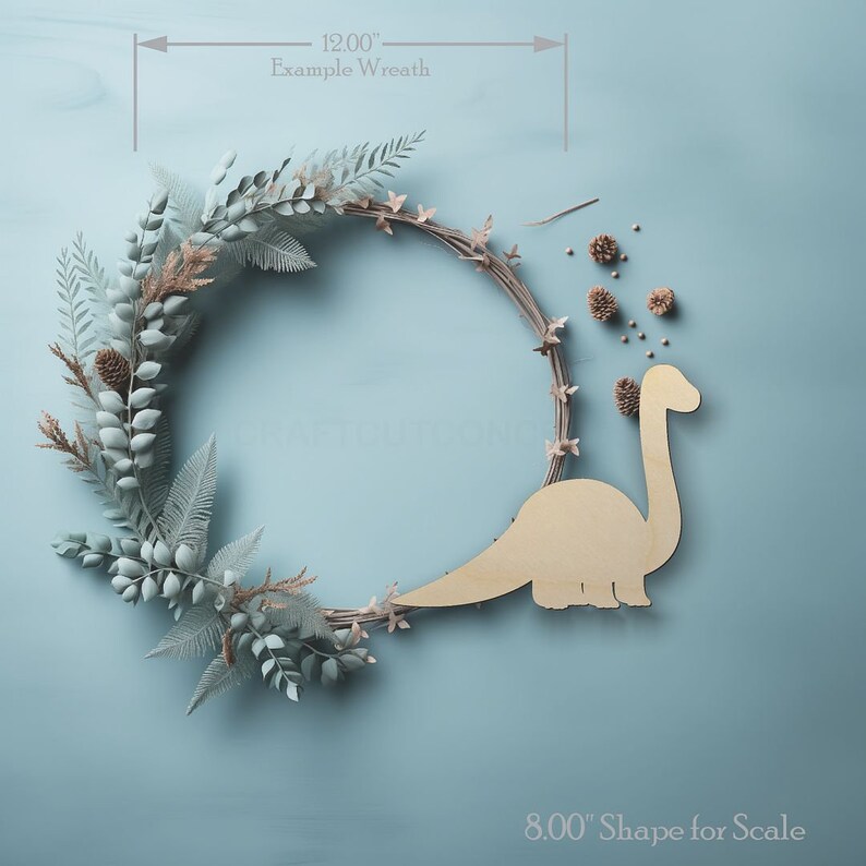 Baby Dinosaur Brontosaurus Shape wood craft shape on a wreath showing scale.