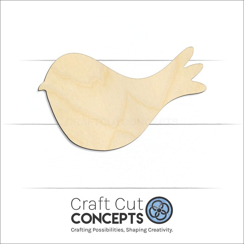 Bird Cute Craft Shape Unfinished wood blank product view with Craft Cut Concepts logo.