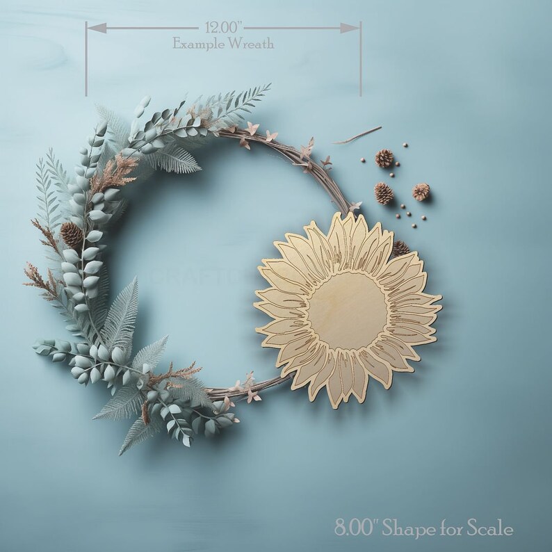 Sun Flower Engraved Details wood craft shape on a wreath showing scale.