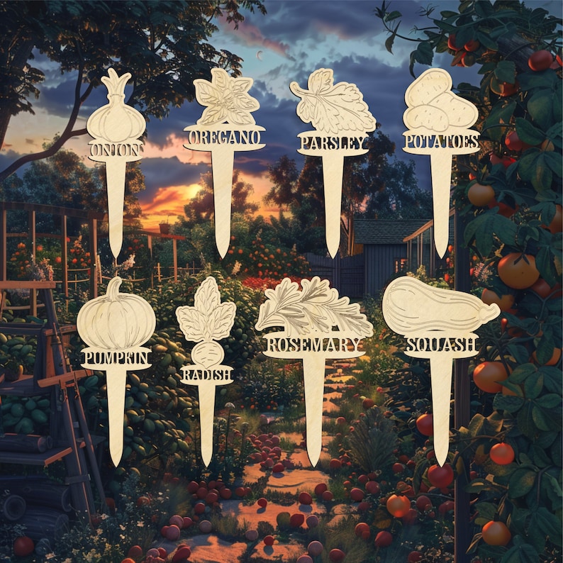 Op de afbeelding: Set van 10 houten tuinplantenmarkers met verschillende groente- en kruidenontwerpen. De markers bevatten afbeeldingen van uien, oregano, peterselie, aardappelen, pompoen, radijs, rozemarijn, pompoen en de woorden "uien", "oregano", "peterselie", "aardappelen", "pompoen", "radijs", "rozemarijn", "pompoen" erop gedrukt.