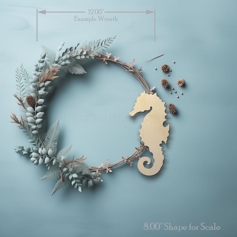 Seahorse Shape wood craft shape on a wreath showing scale.