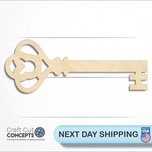 May include: A wooden key cutout with a decorative, ornate design. The key is made of unfinished wood and is ready to be painted or stained.