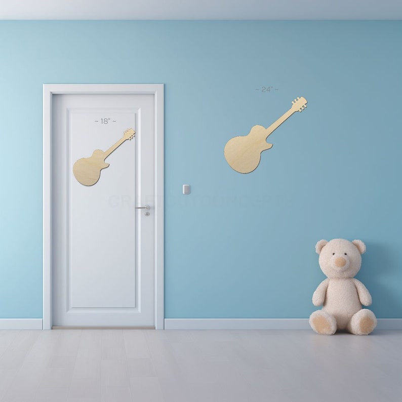 Guitar Shape sign shapes on a door and wall to view the scale.