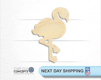 May include: Unpainted wooden cutout of a flamingo standing on one leg. The cutout is made of natural wood and is ready to be painted or decorated.