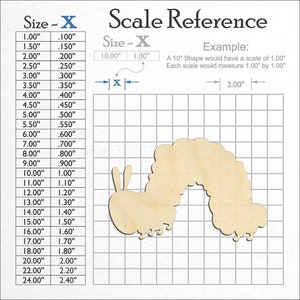 Caterpillar shape unfinished wood craft blank showing the measurement scale.